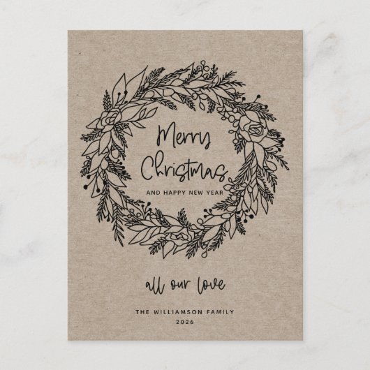 Carte Kraft Couronne de Noël Rustique Fêtes (Devant)