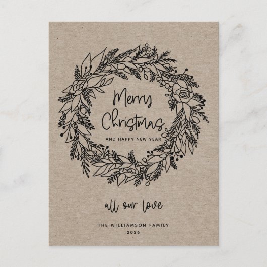 Carte Kraft de Couronne de Fêtes Rustique Joyeux N (Devant)