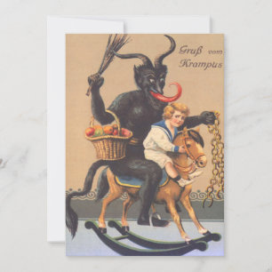 Carte Krampus montant un cheval à bascule avec un garçon