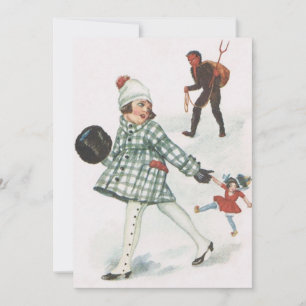 Carte Krampus poursuivant une petite fille avec une poup