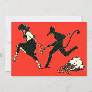 Carte Krampus rouge poursuivant une femme avec des pomme