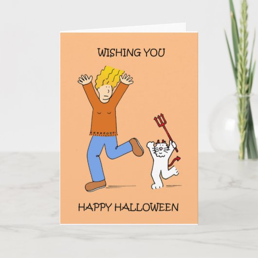 Carte La Dame d'Halloween et Chat blanc en costume (Devant)
