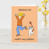 Carte La Dame d'Halloween et Chat blanc en costume (Fleur jaune)