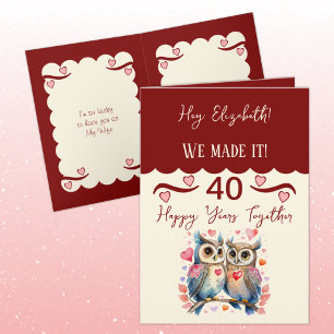 Carte La femme 40e anniversaire owls maroon rose