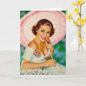 Carte La femme avec un parapluie rose, Anniversaire (Fleur jaune)