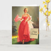 Carte La femme en robe rose, anniversaire (Fleur jaune)