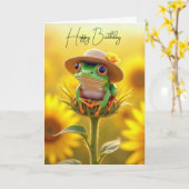 Carte La grenouille d'anniversaire d'un ami sur un bourg (Fleur jaune)