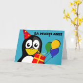 Carte La multi ani ! Joyeux anniversaire en pingouin rou (Fleur jaune)