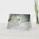 Carte La paix en hiver<br><div class="desc">Carte de voeux de Noël avec une photo sereine représentant un beau cheval blanc avec un petit oiseau reposant sur le cou. Une chute de neige magique en hiver donne à l'image une qualité mystique merveilleuse. Le texte sur le devant dit Joyeux Noël, et Paix sur Terre, avec votre nom...</div>