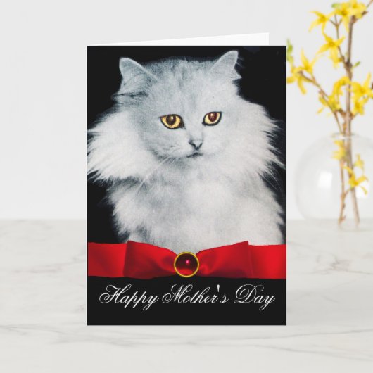 CARTE LA REINE DES CHATS BLANCS AVEC RIBBON ROUGE (Fleur jaune)