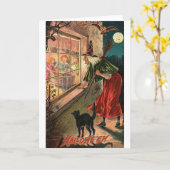 Carte La sorcière d'Halloween, le chat étoilé (Fleur jaune)