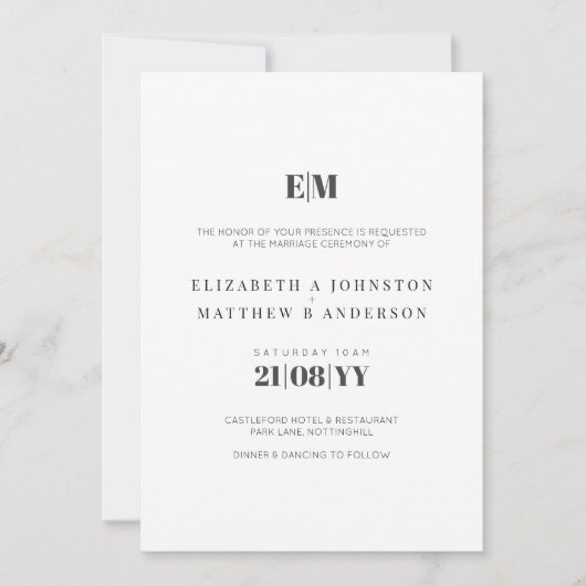 Carte La typographie du budget Noir Blanc Mariage Invite (Devant)