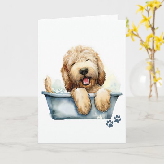 Carte Labradoodle Chien Salutation pliée (Fleur jaune)