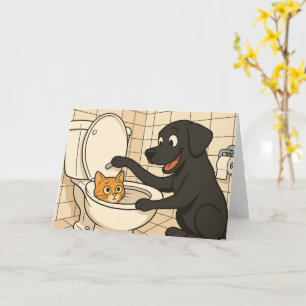 Carte Labrador noir et chat Cartoon drôle de salle de ba