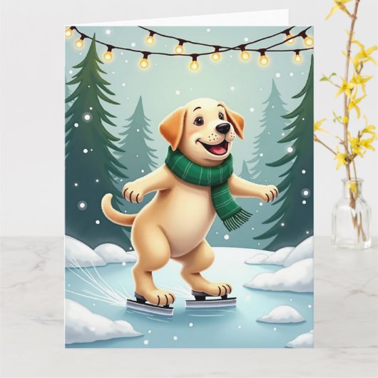 Carte Labrador Retriever Ice Skating Christmas Painting (Fleur jaune)