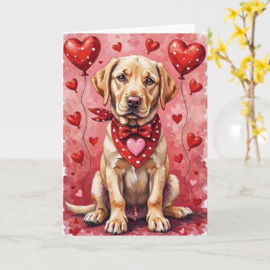 Carte Labrador Retriever Valentine’s Day Dog with Hearts (Fleur jaune)