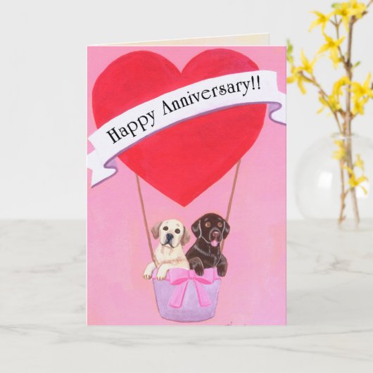 Carte Labradors pour anniversaire de mariage (Fleur jaune)