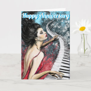 Carte Lady in Red Piano Music Anniversaire Card