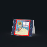 Carte Lady rétro pour lui ou son anniversaire neutre<br><div class="desc">Retro à la mode pinup ou fille vintage assise sur la carte d'anniversaire de la plage. Cette carte peut être pour les femmes ou les hommes. Joli style rétro années cinquante pour ajouter une touche de vintage à votre anniversaire. Adorable !</div>