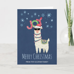 Carte Lama cool avec chapeau de Père Noël et flocons de