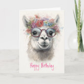Carte Lama mignonne en lunettes et fleurs - Anniversaire (Devant)