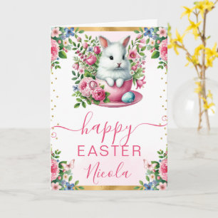 Carte Lapin à l'aquarelle Fleurs de printemps Joyeuses P