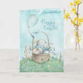 Carte Lapin à l'aquarelle, œufs, fleurs et panier (Fleur jaune)