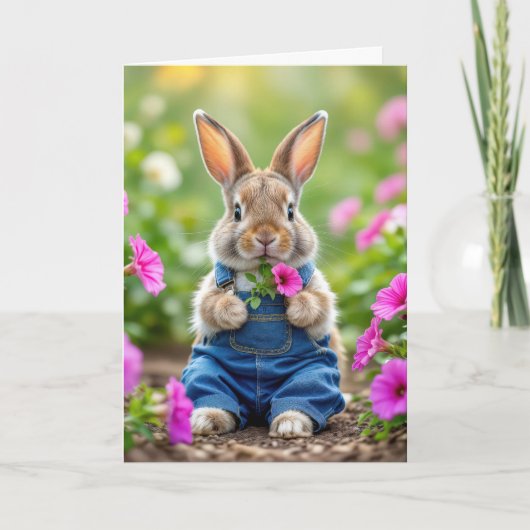 Carte Lapin Anniversaire Manger Pétunia Rose Fleurs (Devant)