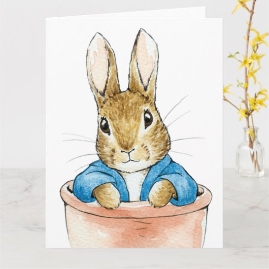 Carte Lapin assis dans un pot de plante (Fleur jaune)