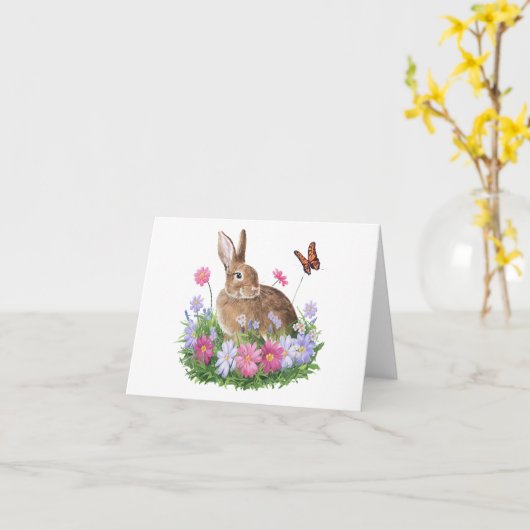 Carte Lapin avec papillon et champ de fleurs (Fleur jaune)