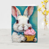 Carte Lapin avec un gâteau d'anniversaire Cupcake (Fleur jaune)