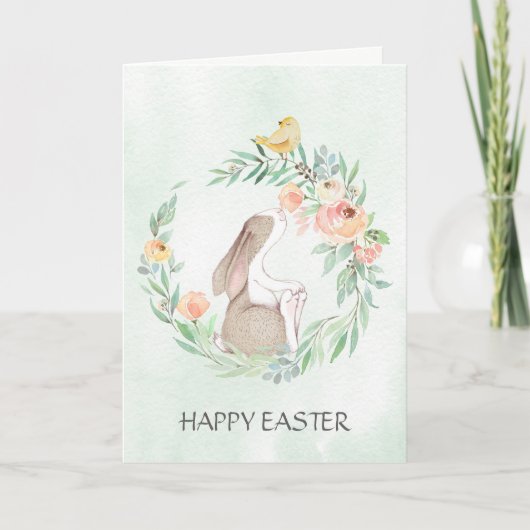 Carte Lapin avec Watercolor Wreath Pâques (Devant)