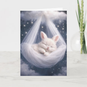 Carte Lapin bébé suspendu à un hamac en tulle