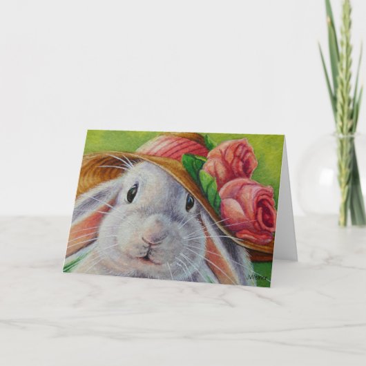 Carte Lapin blanc aux oreilles de lapin dans un chapeau (Devant)