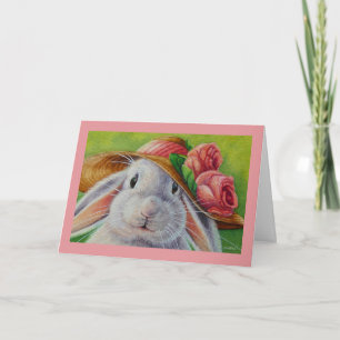 Carte Lapin blanc aux oreilles de lapin dans un chapeau
