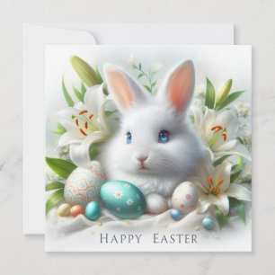 Carte Lapin blanc de Pâques avec lis et œufs pastel