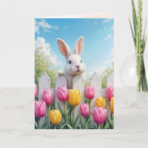 Carte Lapin blanc de Pâques dans les tulipes