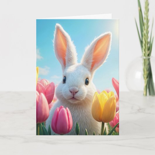 Carte Lapin Blanc De Pâques En Tulipe (Devant)