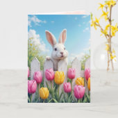 Carte Lapin Blanc De Pâques En Tulipe (Fleur jaune)