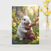 Carte Lapin blanc léchant un lapin de Pâques en chocolat (Fleur jaune)
