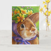 Carte Lapin Brun à Oreilles Tombantes en Chapeau de Prin (Fleur jaune)
