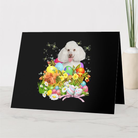 Carte Lapin Caniche Blanc avec Panier d'Oeufs de Pâques (Devant)