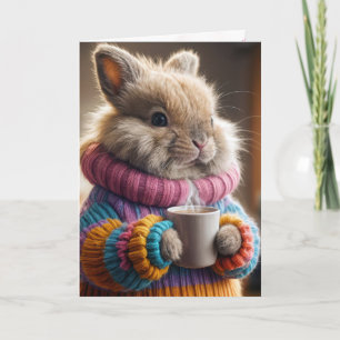 Carte Lapin d'anniversaire tenant une tasse à café