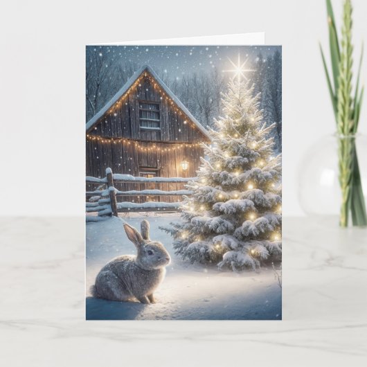 Carte Lapin de Noël avec arbre brillant et grange (Devant)
