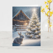 Carte Lapin de Noël avec arbre brillant et grange (Fleur jaune)