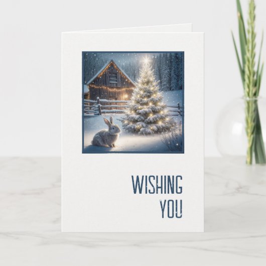 Carte Lapin de Noël avec arbre lumineux et grange (Devant)