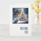 Carte Lapin de Noël avec arbre lumineux et grange (Fleur jaune)