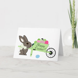 Carte Lapin de Pâques avec brouette d'oeufs salutation