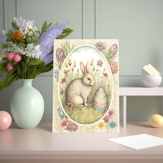 Carte Lapin de Pâques avec Oeuf Décoré et Fleurs