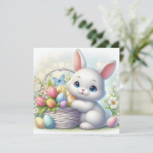 Carte Lapin de Pâques avec tulipes et panier d'œufs past